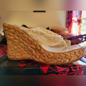 Qupid Cream and Tan Wedge Sandals